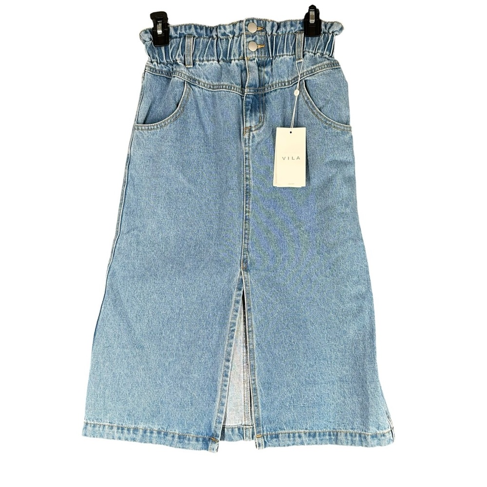 Vila NWT Women’s 38 Midi Skirt Denim Jean Paperbag Waist Casual Boho Modest